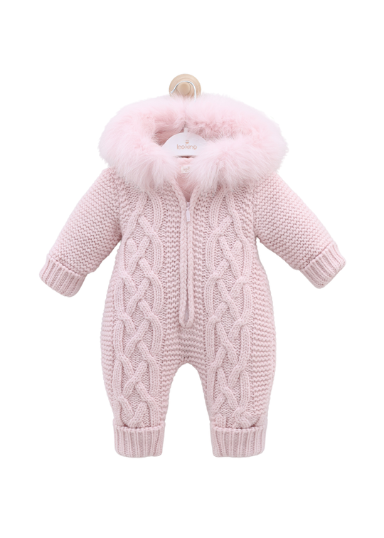 Combinezon Roz cu Lana Merinos cu Blana la Guler si Fermoar 9418 Leo King