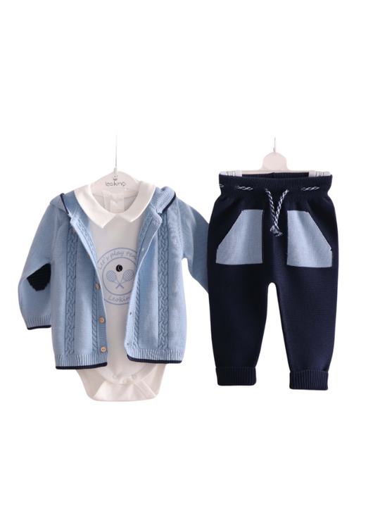 Set of 3 Pieces Knitted Sweatshirt and Knitted Pants Blue with Navy Blue and Cream Cotton Blouse 8430 Leo king