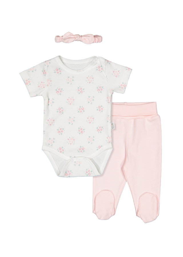 Set 3 Piese Body cu Maneca Scurta Crem cu Imprimeu Flori Pantaloni si Bentita Somon Flowers T3855 Bebetto