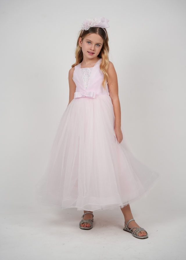 Rochie Ceremonie Roz Lunga cu Paiete Mari pe Bust Funda in Talie si Fusta din Tulle 3182 Mon Princess