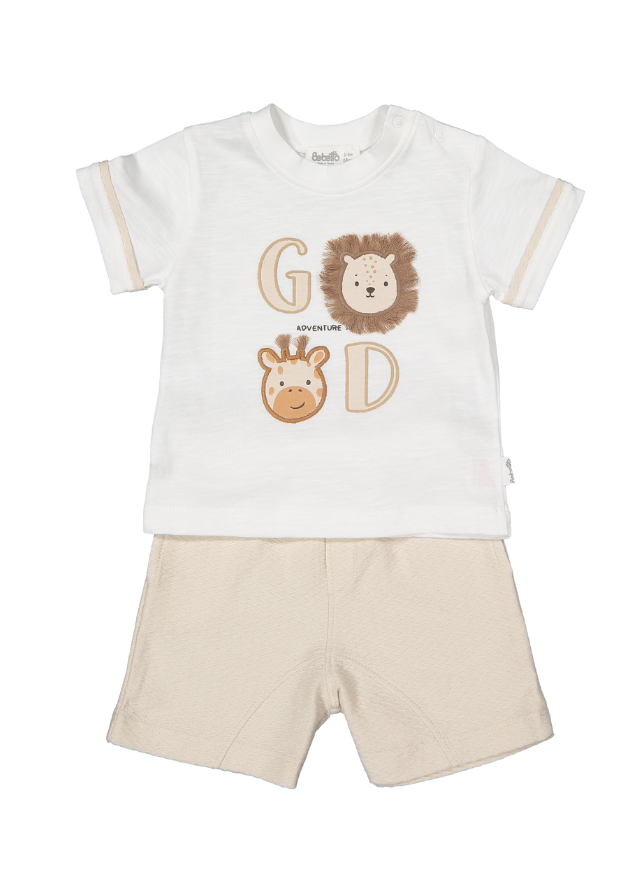 Set 2 Piese Tricou Crem cu Leu si Girafa si Pantaloni Scurti Bej Good Adventure K4786 Bebetto