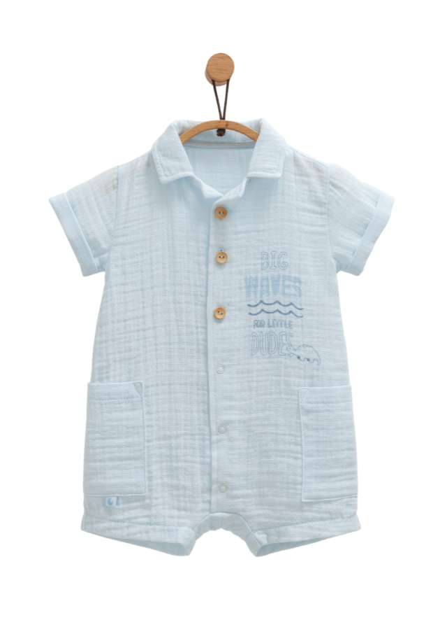 Salopeta Scurta din Muselina Bleu cu Guler si Nasturi Little Boy TE1671 Mell Sweet Baby