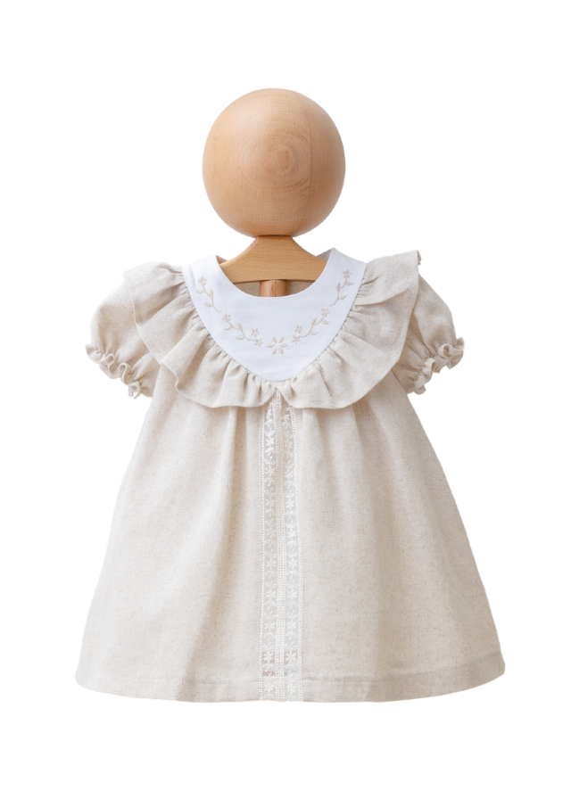 Rochie Bej cu Maneca Scurta cu Volan be Bust si Broderie 4196 MyMio