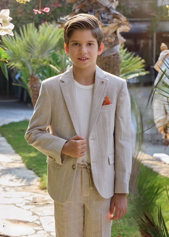 Costum 3 Piese Sacou si Pantaloni Bej cu Dungi si Tricou Alb 20202 Little Gentleman