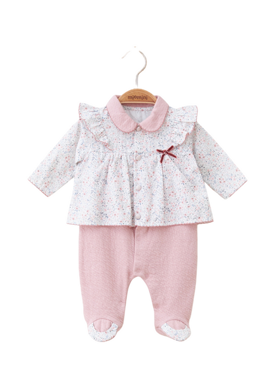 Salopeta Lunga Combinata Imprimeu Flori si Pantaloni Roz Pudra 5433 MyMio