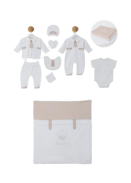 Set 10 Piese Maternitate Salopeta Bumbac Alba cu Cravata 3503 Leo King