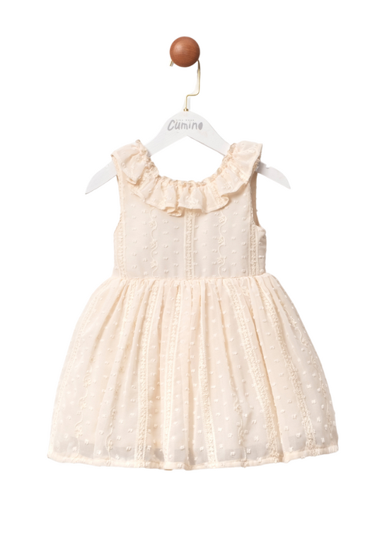 PROBLEM PICTURE Powder Pink Voile Dress with Plumes without Sleeves with Ruffle at Collar 3410 Mino Baby