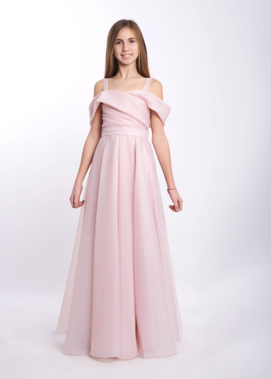 Rochie Eleganta pentru Ceremonie Roz din Voal cu Umeri Cazuti 10-14 Ani 5417 Kanilla