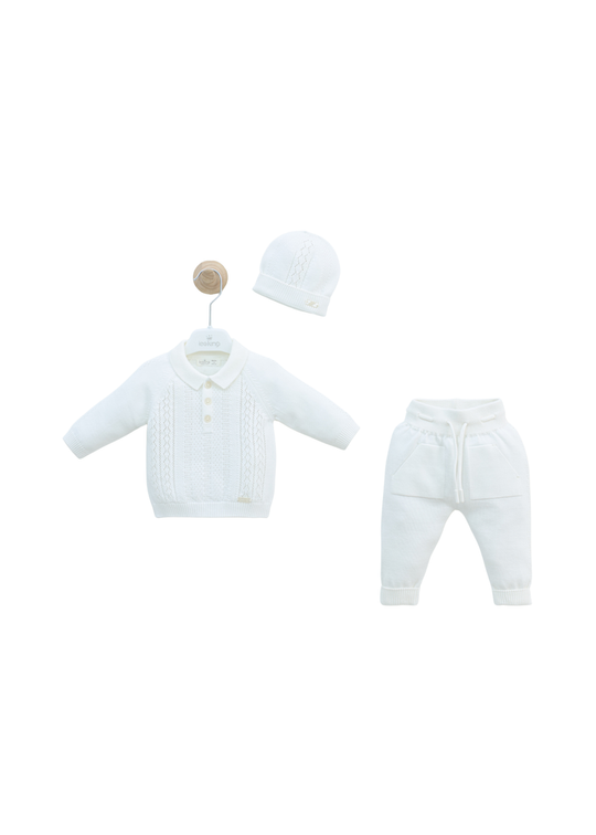 Set 3 Piese Tricotat Alb Bluza, Pantaloni si Fes 8550 Leo King