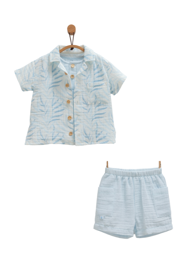 Set 3 Piese Muselina Bleu Camasa Top si Pantaloni Scurti Little Boy TKE1676 Mell Sweet Baby