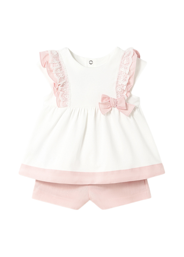 Set 2 Piese Top si Pantaloni Scurti din In cu Bumbac Crem cu Roz 1236 Mayoral