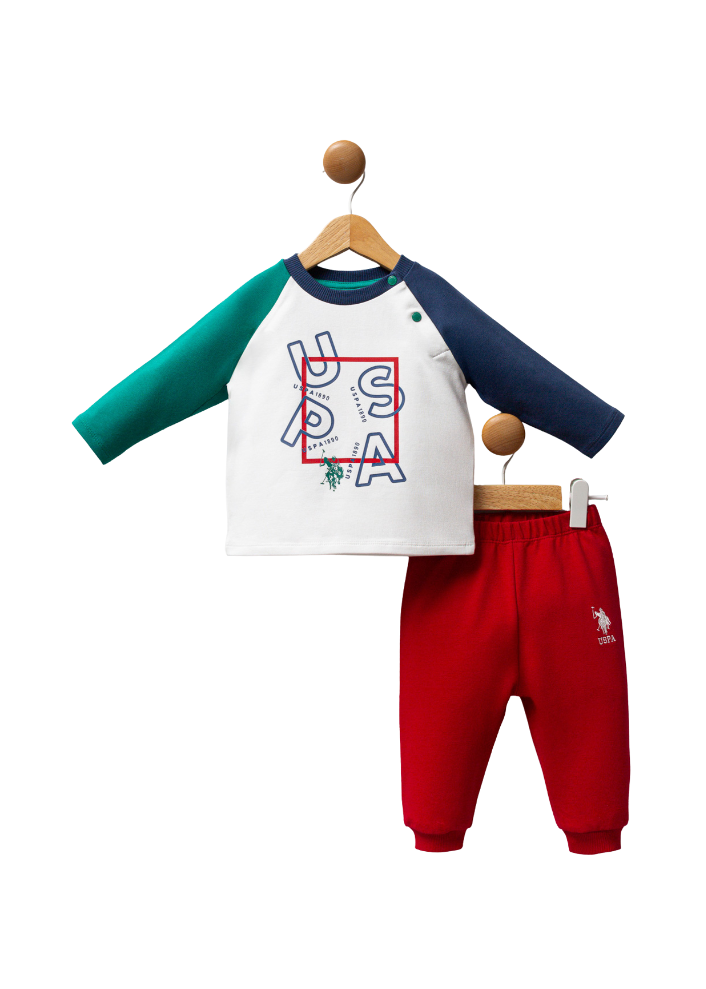 Set 2 Piese Bluza Ivory cu Verde si Pantaloni Lungi Rosii USB2571 V1 Us Polo Assn