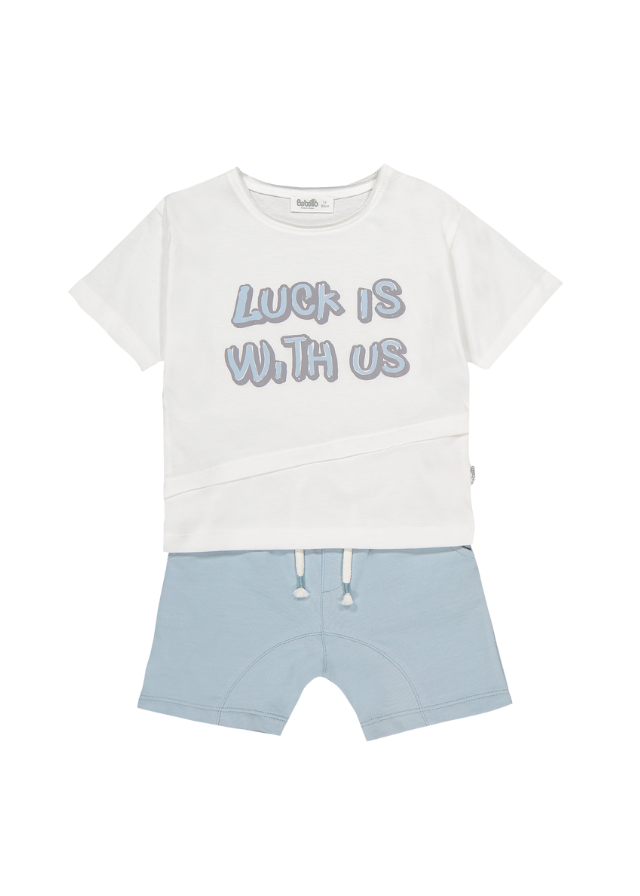 Set 2 Piese Tricou Crem si Pantaloni Scurti Bleu Lucky Boy K4697 Bebetto