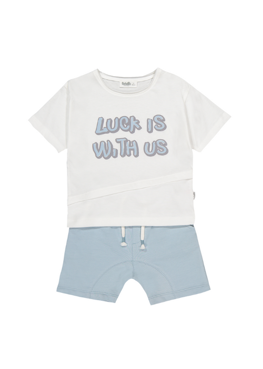2-Piece Set Cream T-Shirt and Blue Shorts Lucky Boy K4697 Bebetto