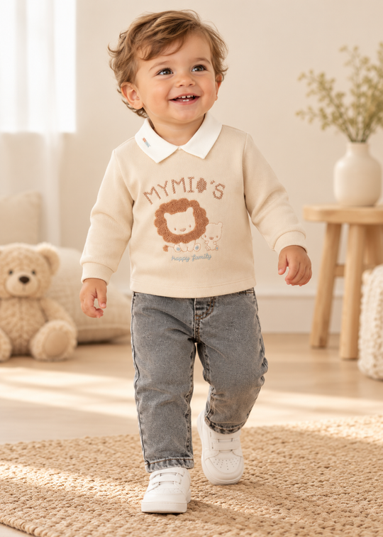 Set 2 Piese Bluza Bej cu Leu si Pantaloni Gri pentru Baieti 4649 – MyMio