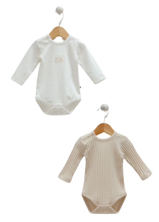 Комплект з 2 комбінезонів з довгими рукавами, бежевий і кремовий з бежевими зірочками 9676 Mell Sweet Baby