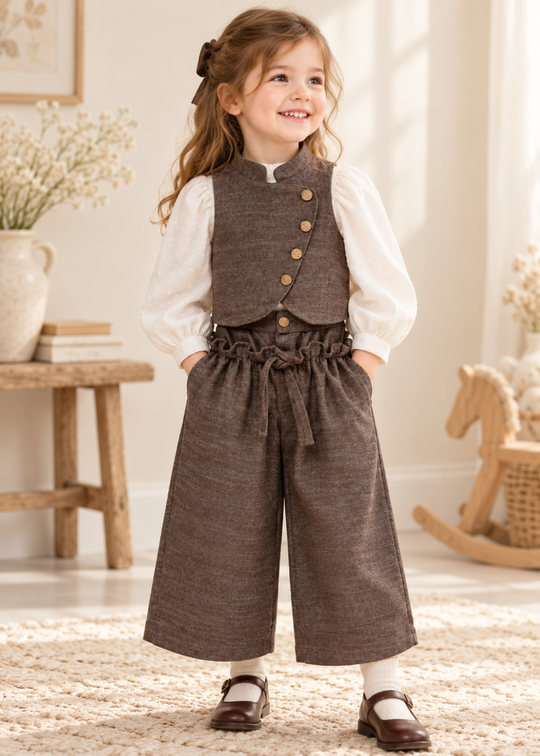 Set 3 Piese cu Camasa Crem si Vesta cu Nasturi pentru Fete 3962 – MinoBaby