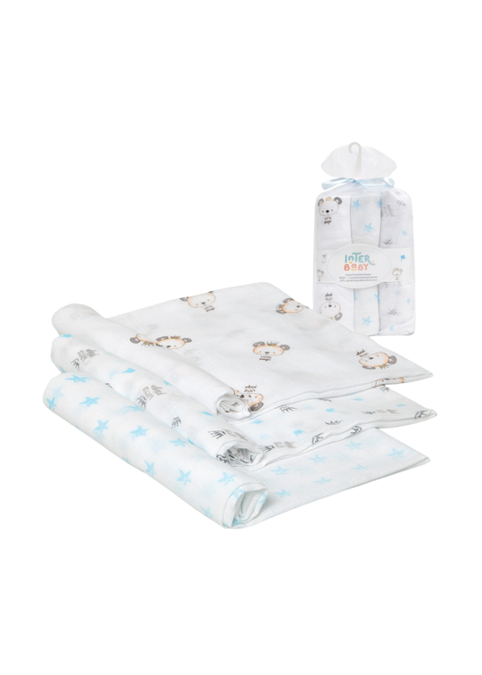 Set 3 Scutece Muselina Alb-Bleu cu Imprimeu Panda 80x80 cm 99980P-01 Interbaby