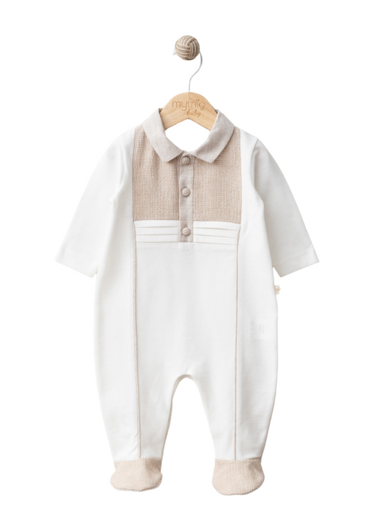 Long Jumpsuit White with Beige Collar 4227 MyMio