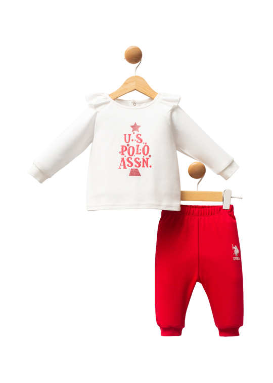 Set Bluza Alba cu Stea si Pantaloni Lungi Rosii USB2736 Us Polo Assn