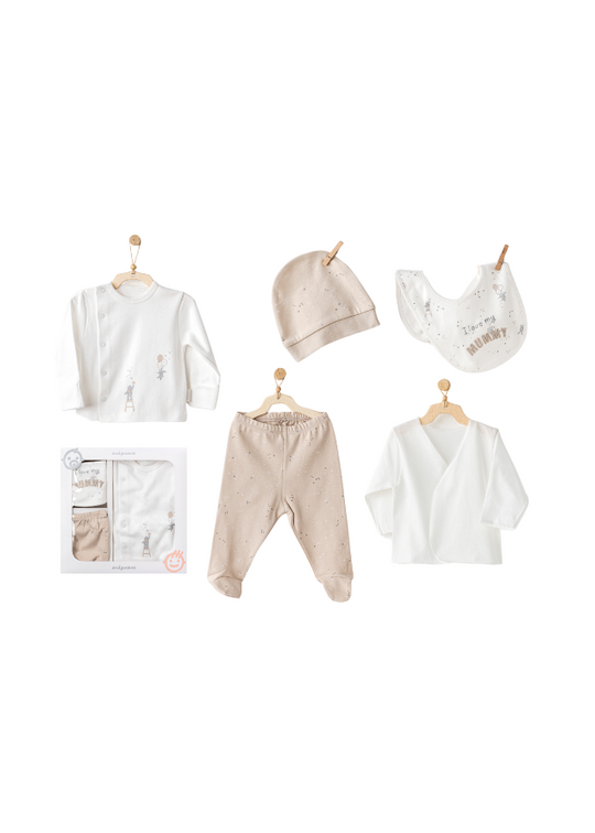 Set 5 Piese Nou Nascut Crem cu Bej cu Iepuri I Love My Mummy AC25060 Andywawa
