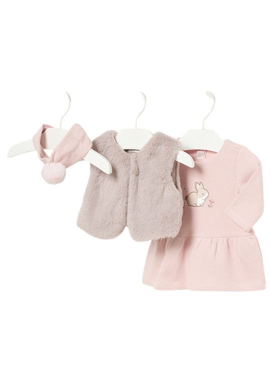 Set of 3 long sleeve salmon dress with beige fur vest and headband 2807 Mayoral
