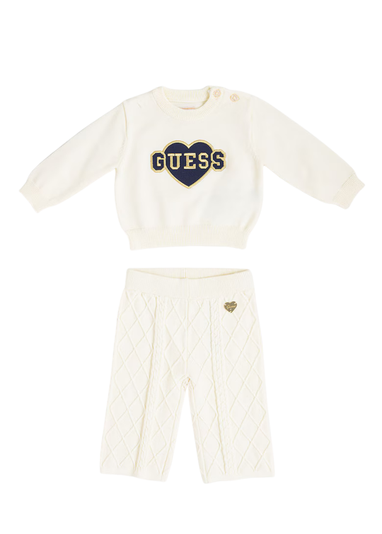 Set Tricotat 2 Piese Pulover si Pantaloni Crem pentru Fetite – Guess