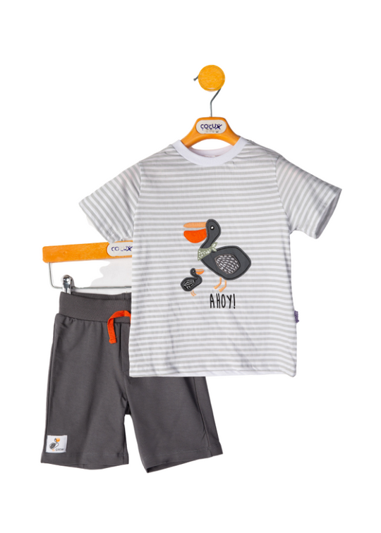 Set 2 Piese Tricou Alb cu Dungi Verzi cu Pelican si Pantaloni Scurti C11625 Cocux