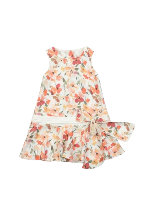 Rochie Crem cu Imprimeu Flori Portocalii si Bej Fara Maneci 17037 Bebus