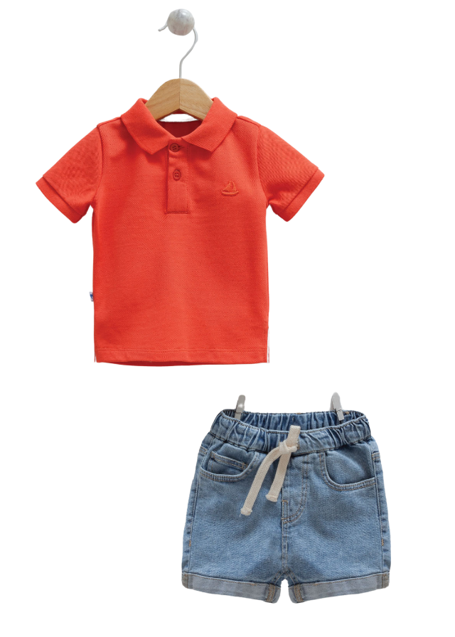 Set 2 Piese Tricou Polo Portocaliu si Pantaloni Denim Scurti 9832 Mell Sweet Baby