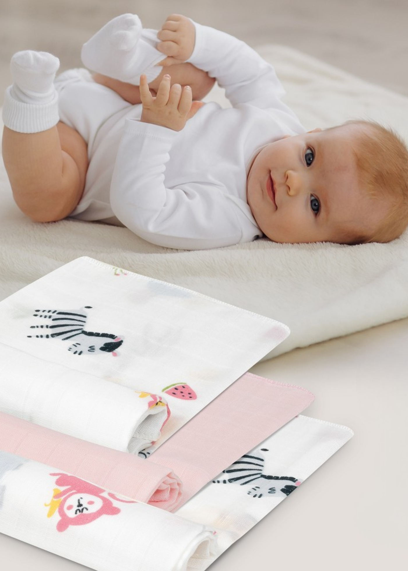 Set 3 Scutece Muselina Bambus Alb-Roz Imprimeu Semiluna – 55x70 cm 98977-02 InterBaby