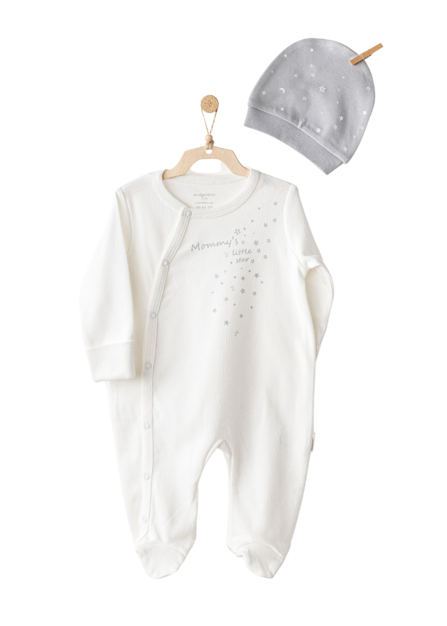 Salopeta Lunga Crem si Fes Gri cu Stele Mommy’s Little Star AC25705 Andywawa
