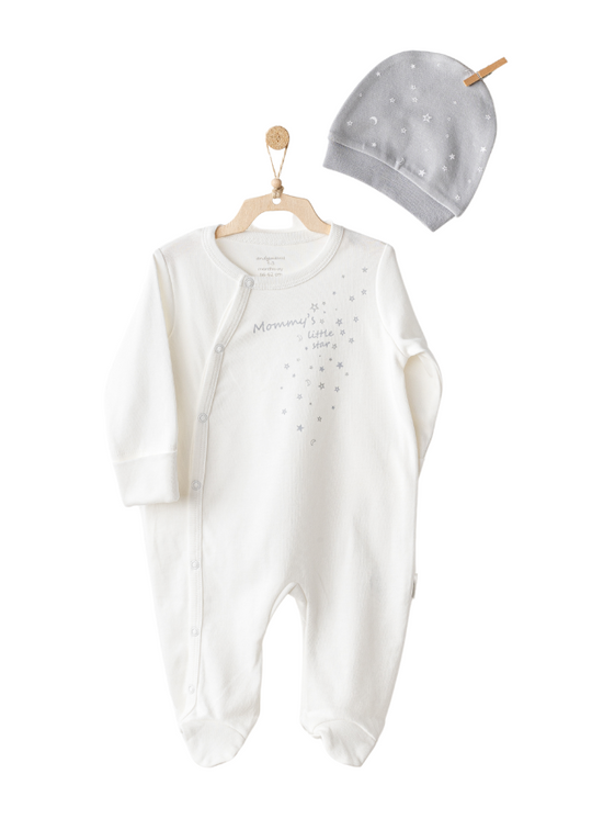 Salopeta Lunga Crem si Fes Gri cu Stele Mommy’s Little Star AC25705 Andywawa
