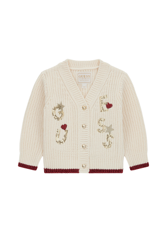 Cardigan Tricotat Crem cu Nasturi Inima Aurii si Paiete A5BR00 Z3OC0 G012 Guess