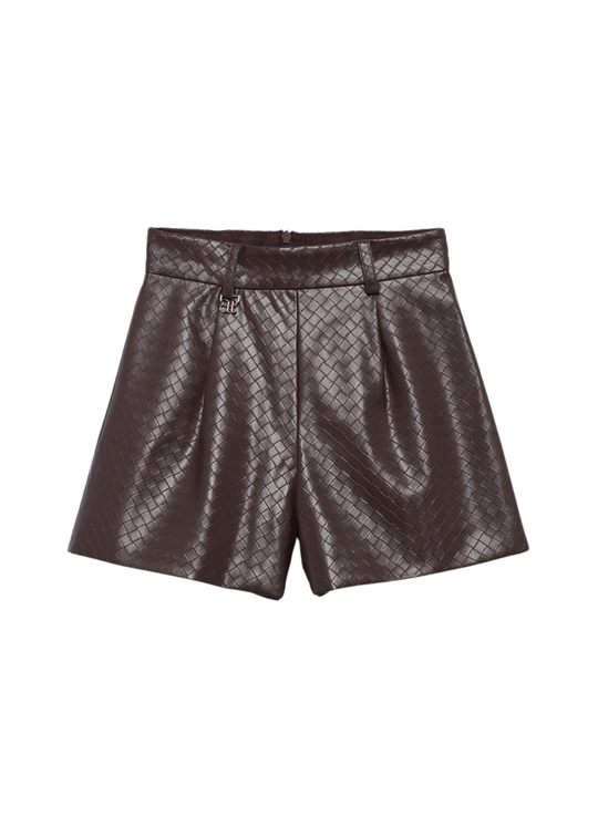 Pantaloni Scurti din Piele Ecologica Maro cu Model Impletit pentru Fete 5754 – Abel & Lula
