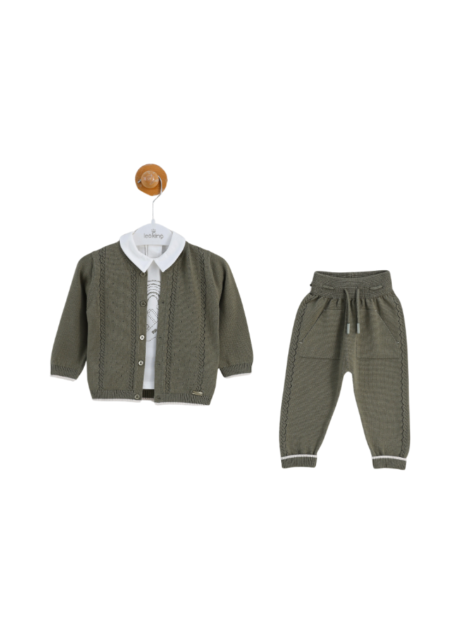 Set 3 Piese Cardigan si Pantaloni Tricotate Verde si Bluza Crem cu Guler 8529 Leo King