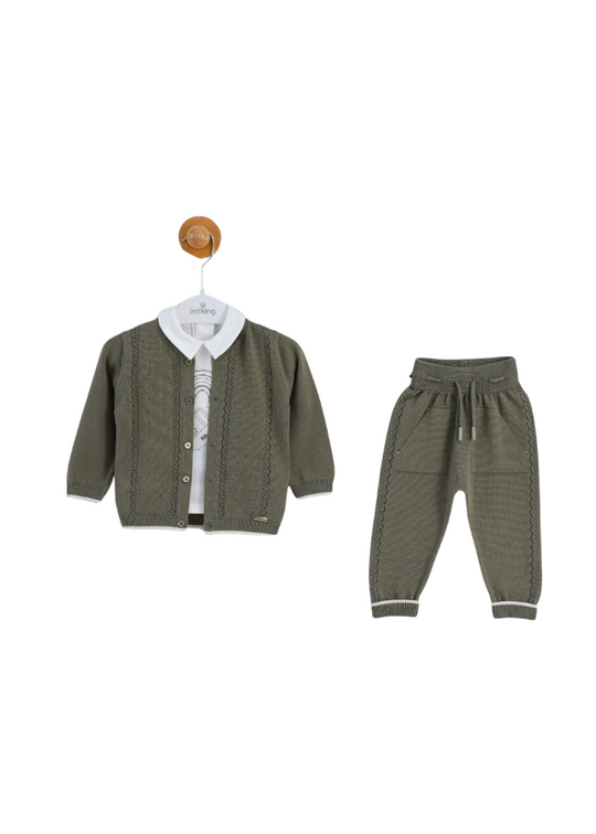 3 Piece Set Green Cardigan and Knitted Pants and Cream Blouse with Collar 8529 Leo King