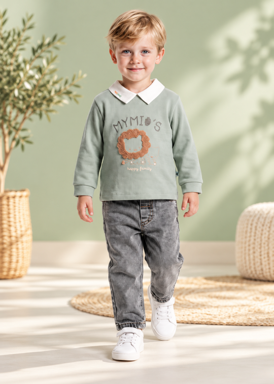 Set 2 Piese Bluza Verde cu Leu si Pantaloni Gri pentru Baieti 4649 – MyMio