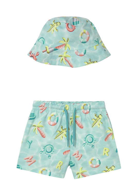 Set 2 Piese, Bermude de Baie si Palarie Turquoise cu Imprimeu 1660 Mayoral