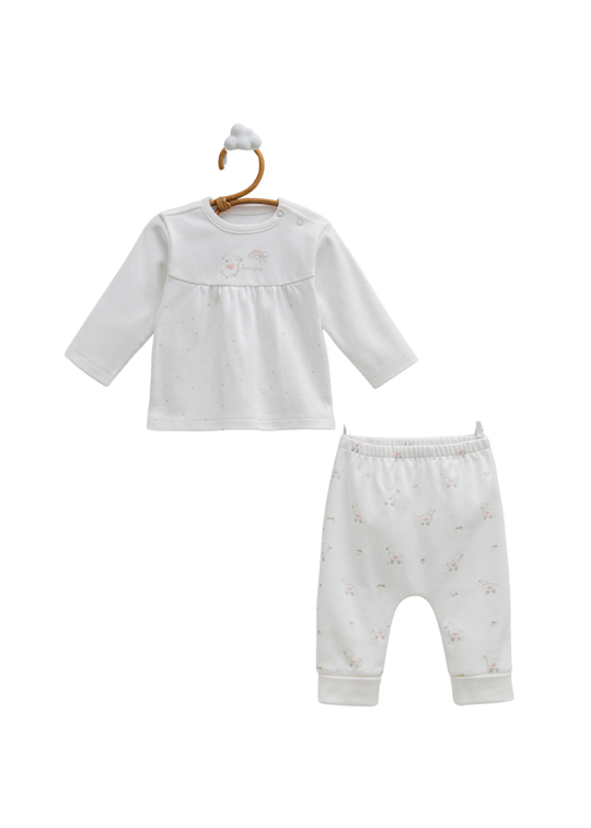 Set 2 Piese din Bumbac Crem Bluza si Pantaloni Lungi cu Ratuste TKK2255 Mell Sweet Baby