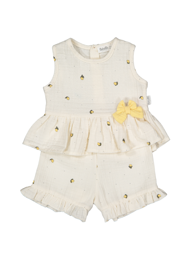 Set 2 Piese Top si Pantaloni Scurti din Muselina Bej cu Imprimeu Lamai Sweet Lemon K4769 Bebetto