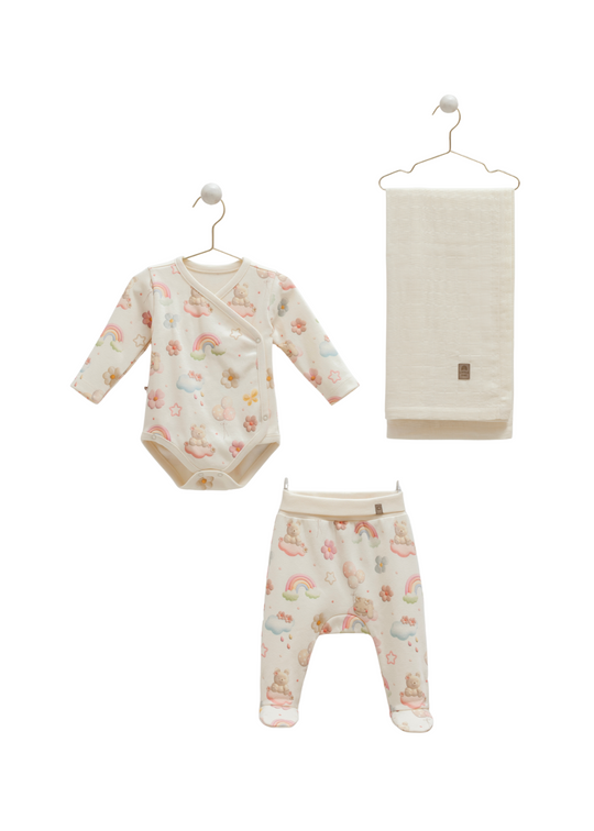 Set 3 Piese Body cu Maneca Lunga si Pantaloni Lungi cu Picior Bej cu Imprimeu si Scutec din Muselina Crem BPB2186 Mell Sweet Bay