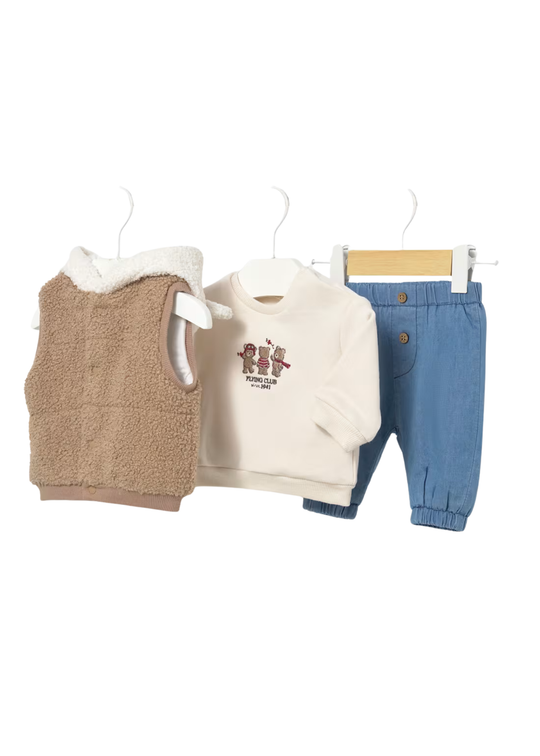 Set 3 Piese Vesta Bej Bluza Crem si Pantaloni Albastri pentru Baieti – Mayoral