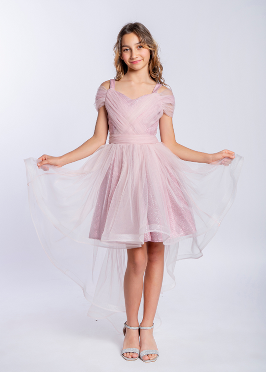 Elegant Pink Ceremony Dress in Brocade with Glitter and Tulle 6 – 14 Years 5392 Kanilla