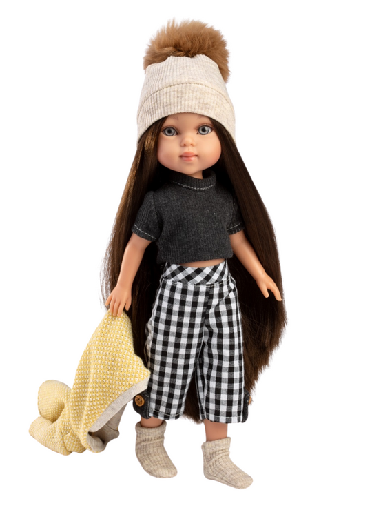 Penelope Roma Doll 34 cm Vinyl Body Long Satin Hair with Black and White Checkered Pants and Cream Hat 984 Guca
