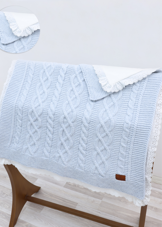 Set Pled Tricotat Bleu cu Lana Merinos si Pled Bumbac cu Broderie 9721 Leo King