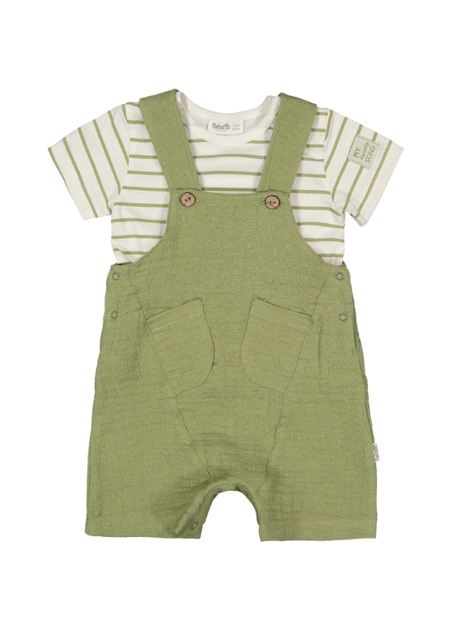 Set 2 Piese Salopeta Scurta Verde din Muselina si Tricou cu Crem cu Dungi Verzi Favorite Song K4730 Bebetto