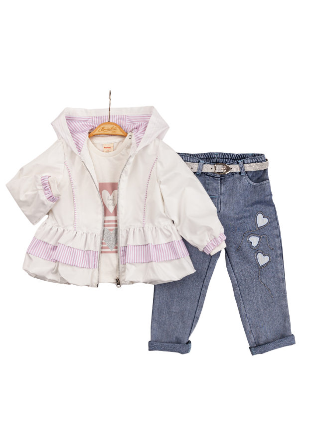 Set 3 Piese, Jacheta din Fas Ivory cu Dungi Roz Pudra, Tricou Ivory si Pantaloni Denim Dri 6580 Bili Baby