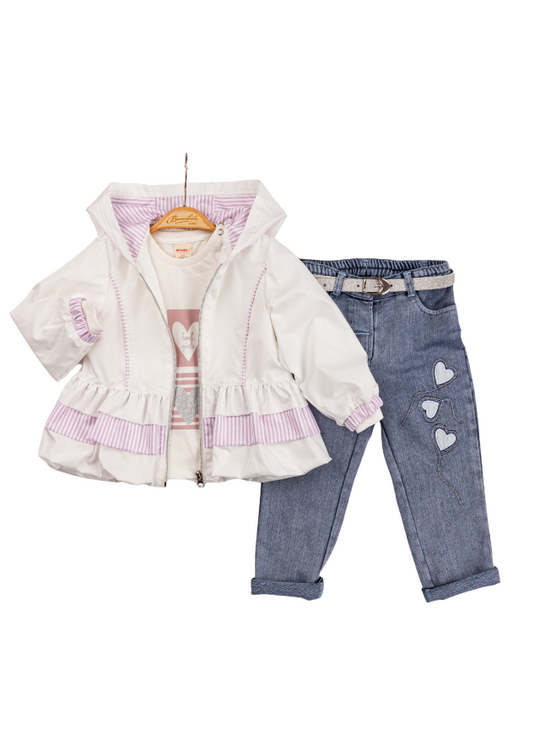 3 Piece Set, Ivory Fass Jacket with Powder Pink Stripes, Ivory T-Shirt and Dri Denim Pants 6580 Bili Baby