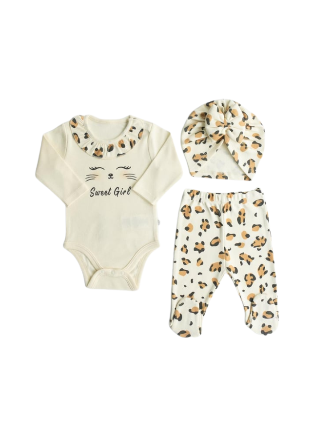 Set 3 Piese Body Pantaloni si Turban Bej cu Imprimeu Leopard S56160 KitiKate